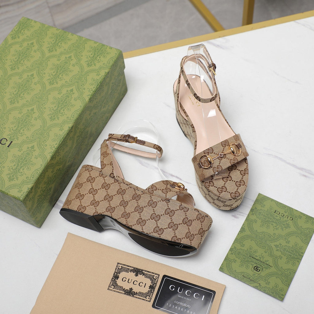 GUCCI Horsebit Wedges Sandals Brown