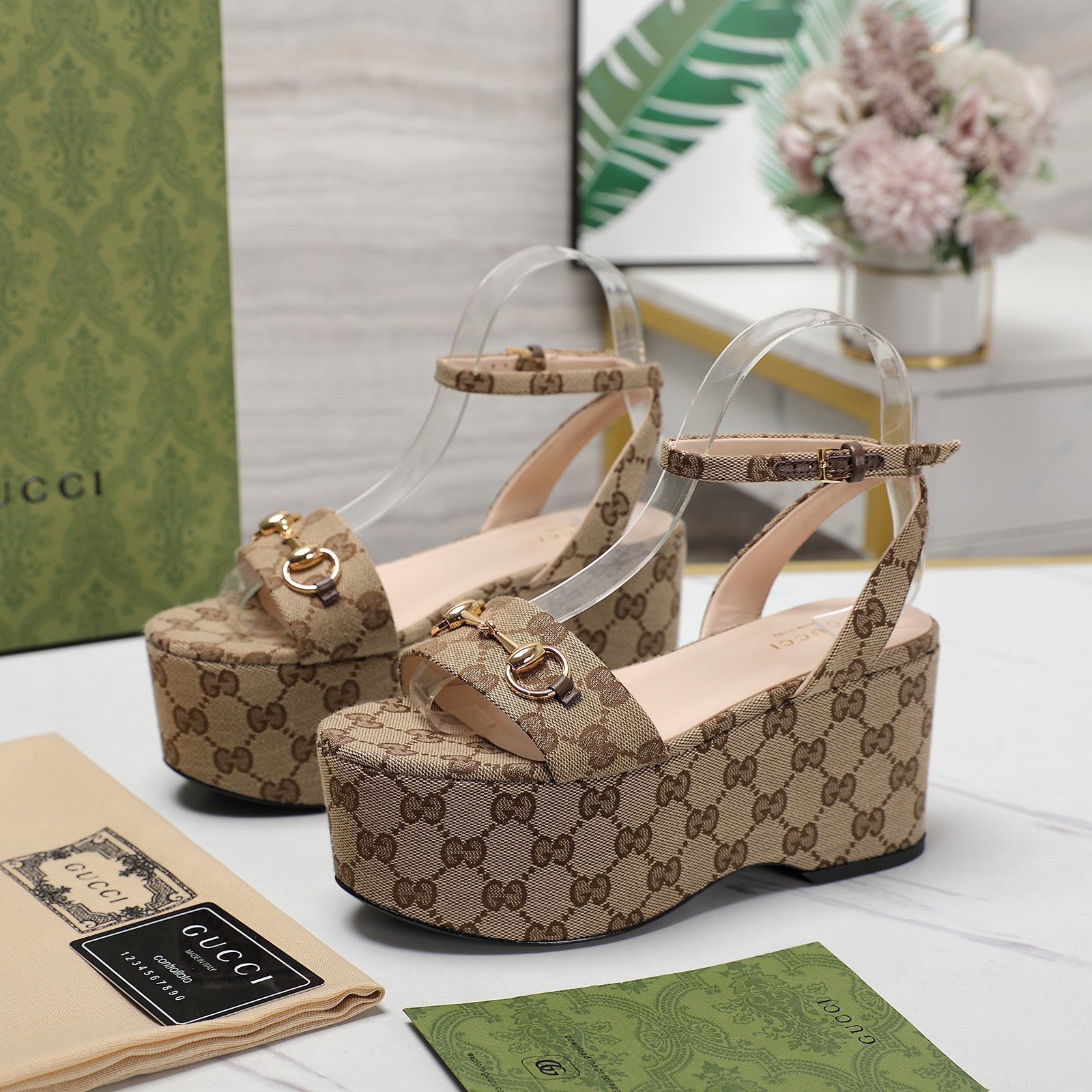 GUCCI Horsebit Wedges Sandals Brown