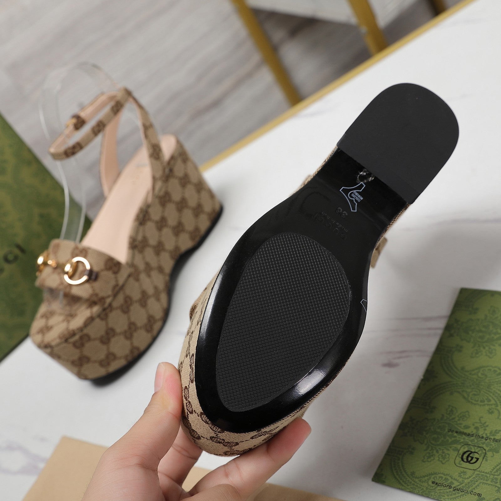 GUCCI Horsebit Wedges Sandals Brown