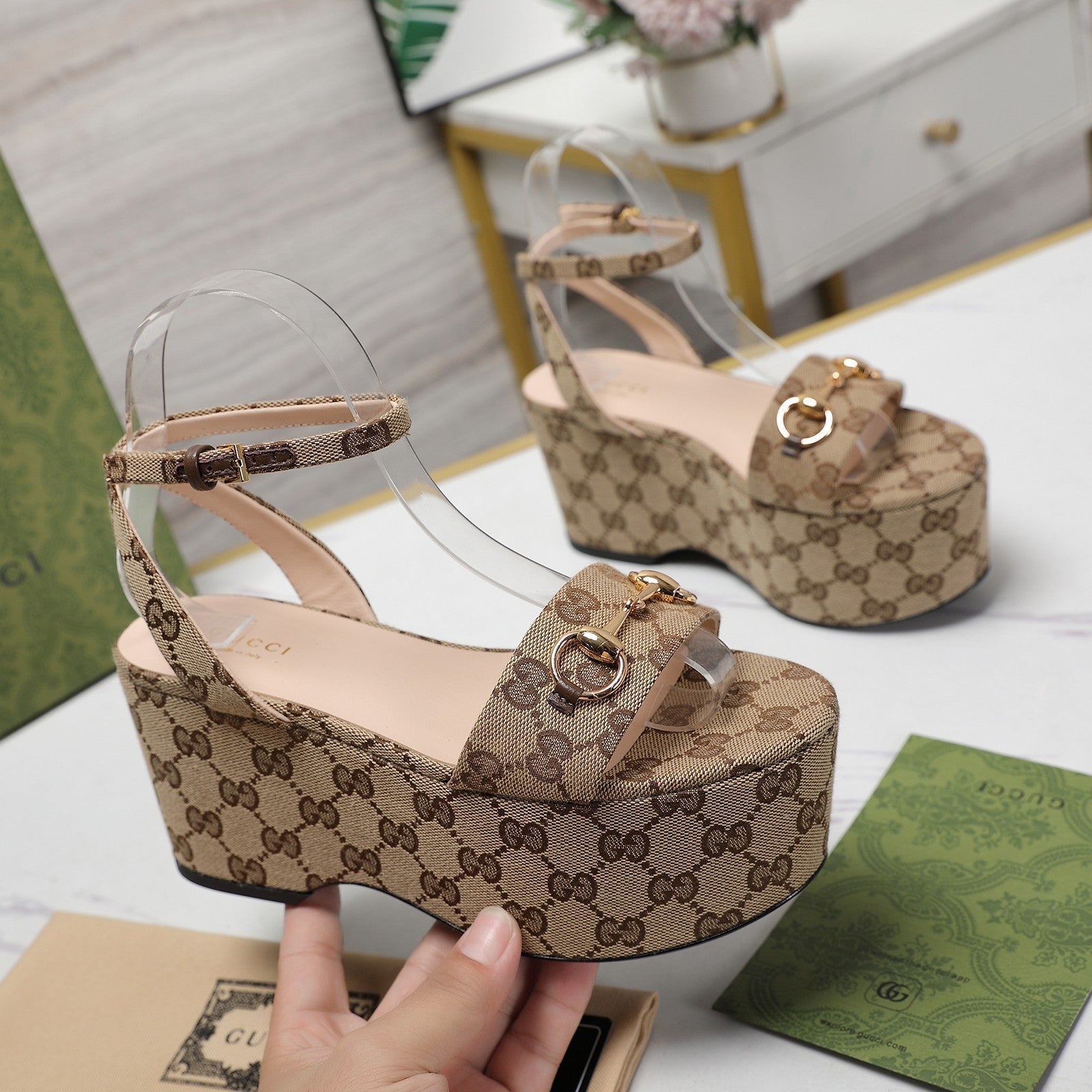 GUCCI Horsebit Wedges Sandals Brown