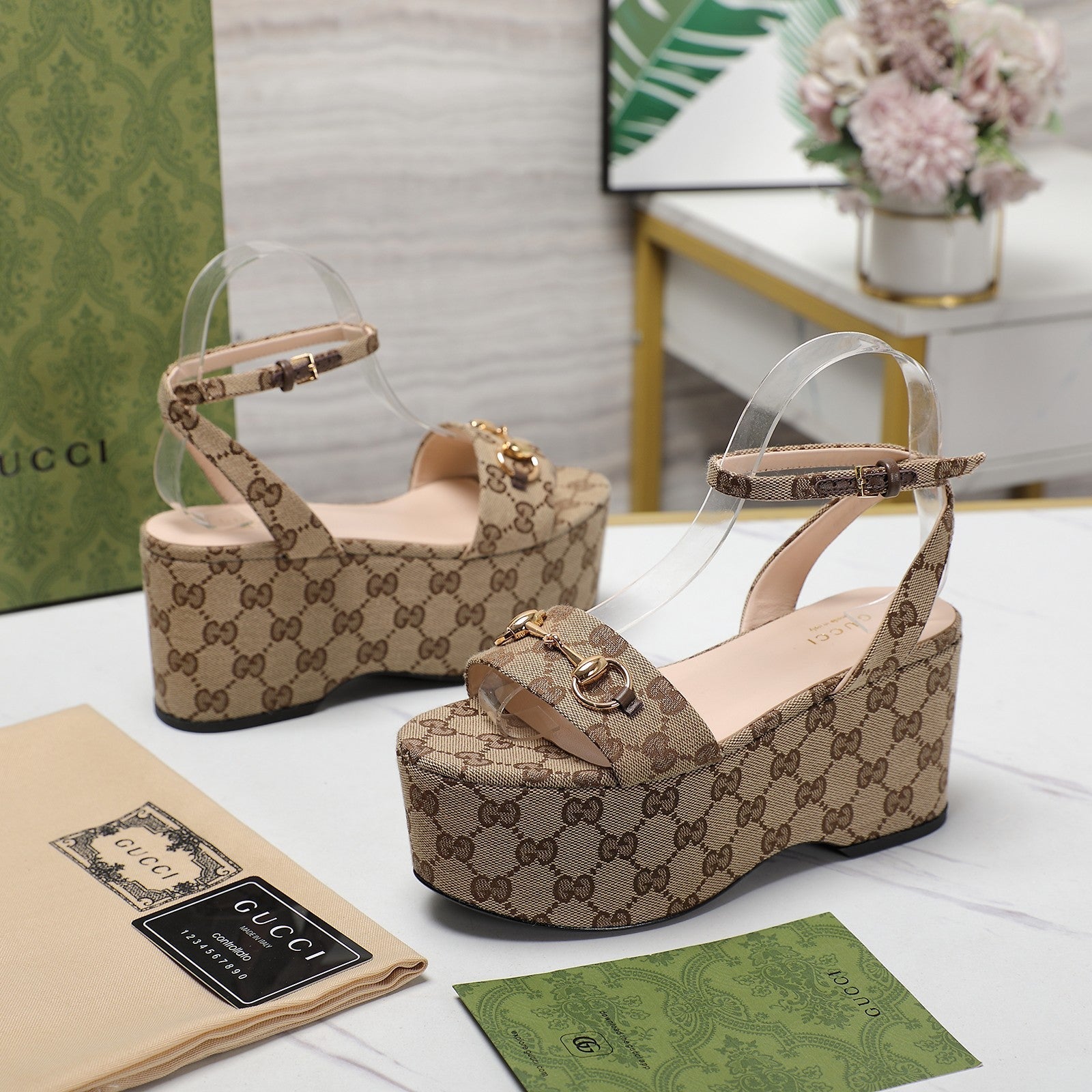 GUCCI Horsebit Wedges Sandals Brown