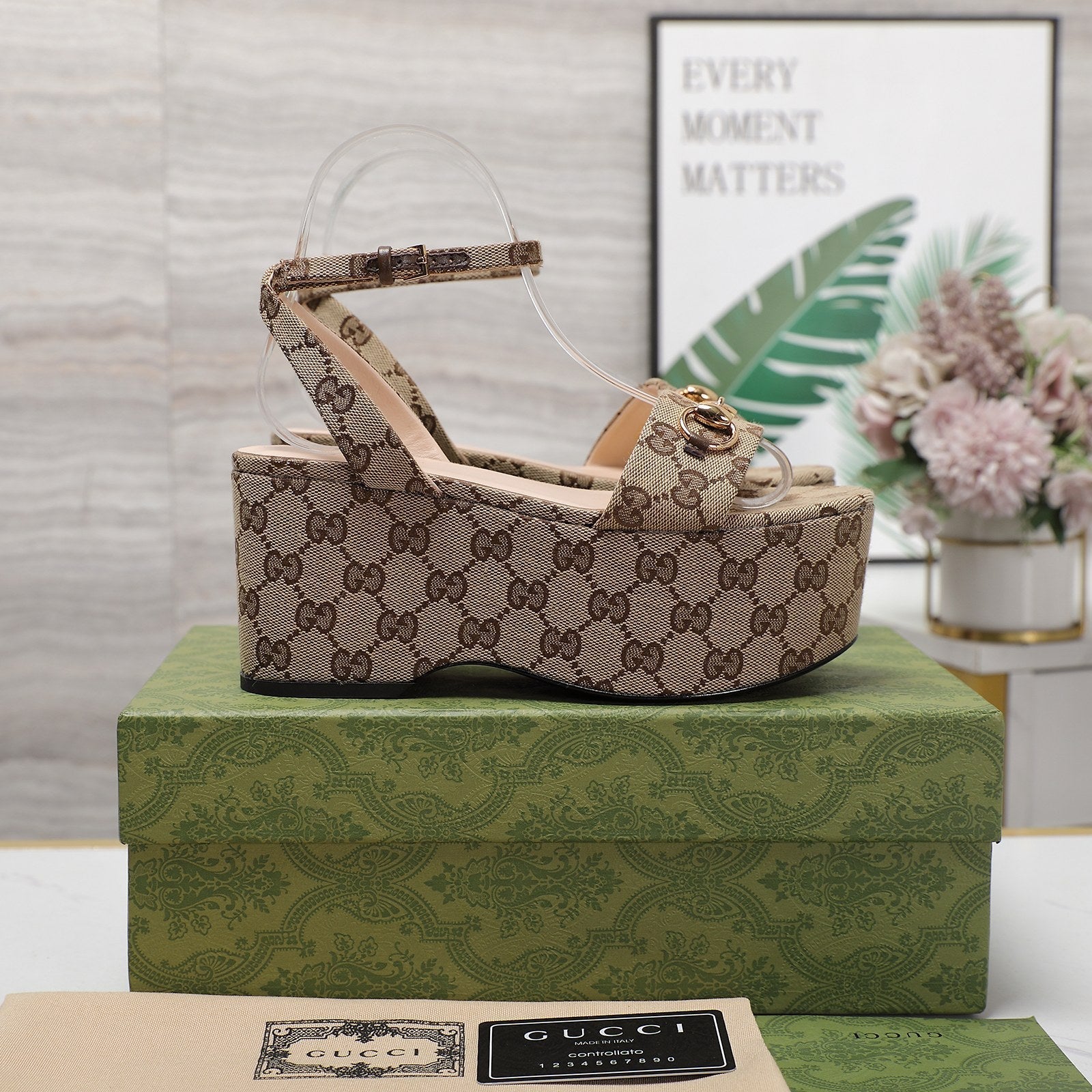 GUCCI Horsebit Wedges Sandals Brown