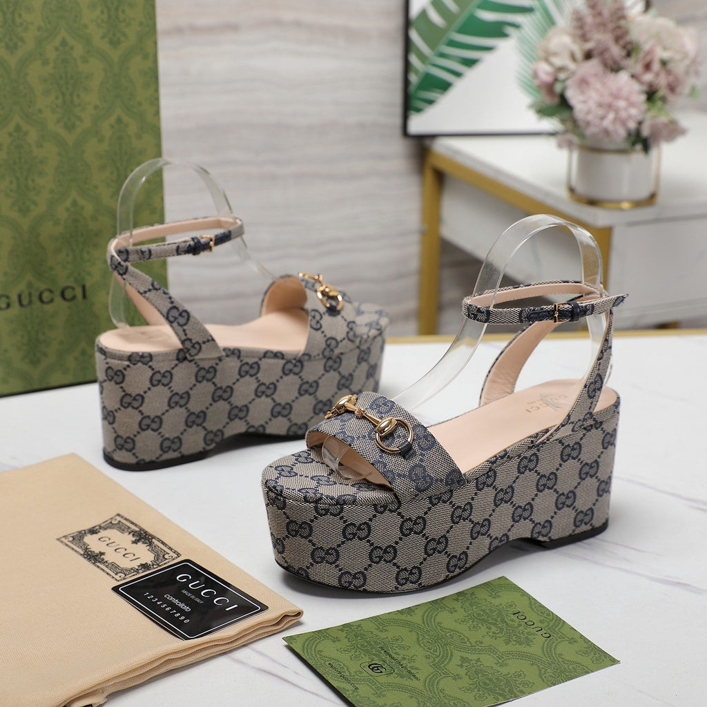 GUCCI Horsebit Wedges Sandals Grey