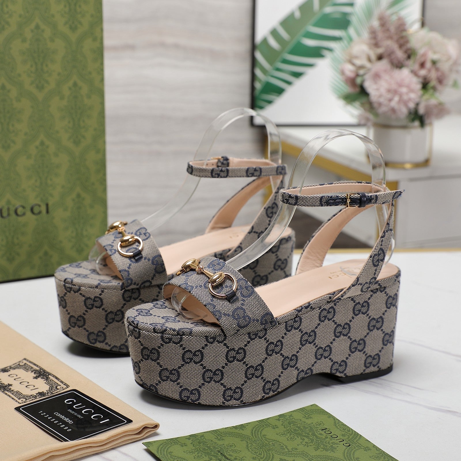 GUCCI Horsebit Wedges Sandals Grey