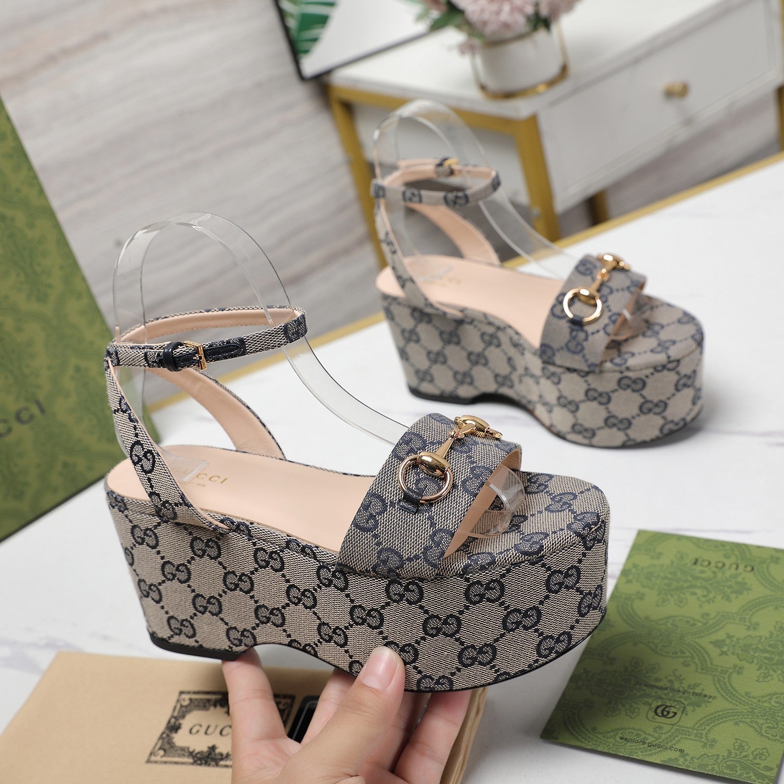 GUCCI Horsebit Wedges Sandals Grey