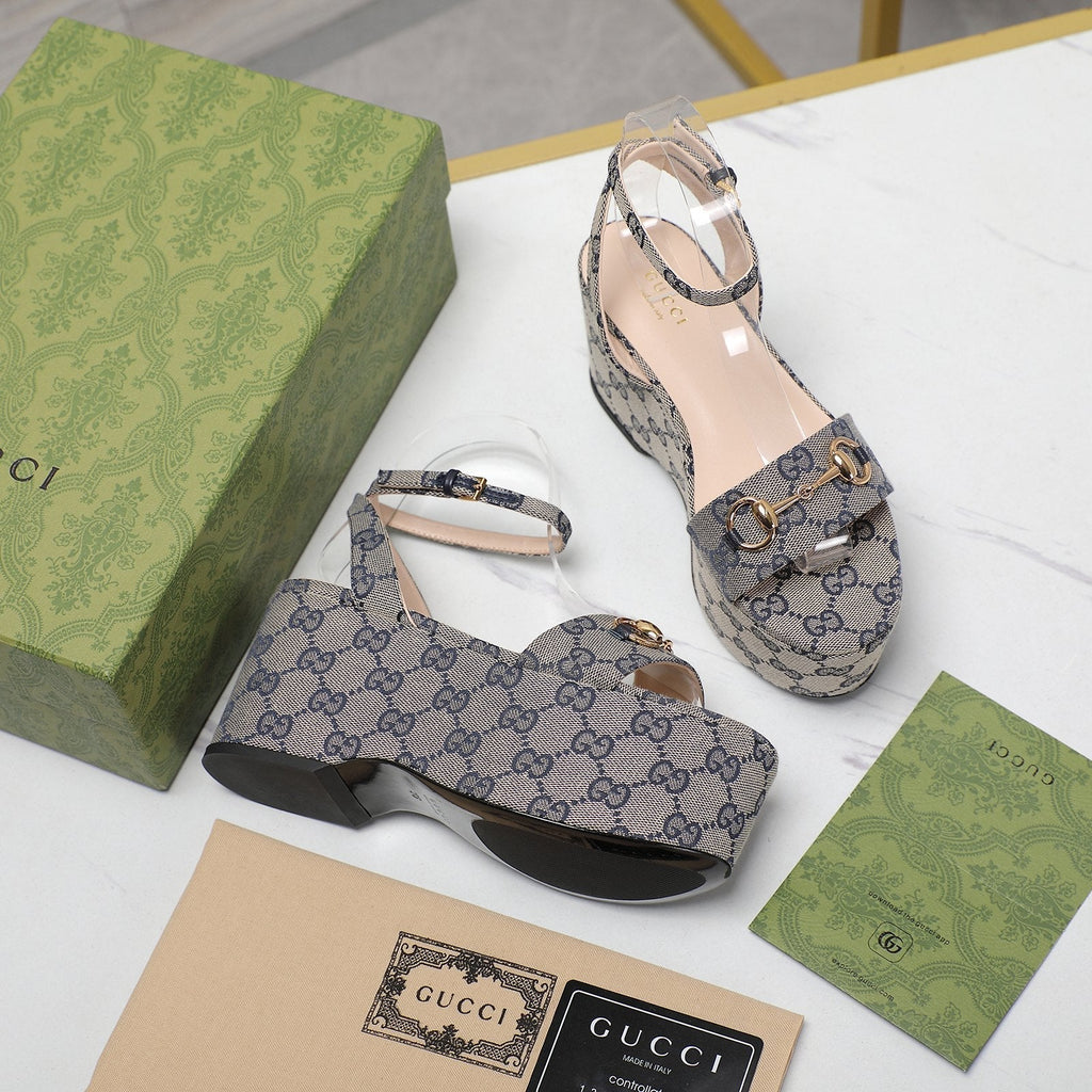GUCCI Horsebit Wedges Sandals Grey