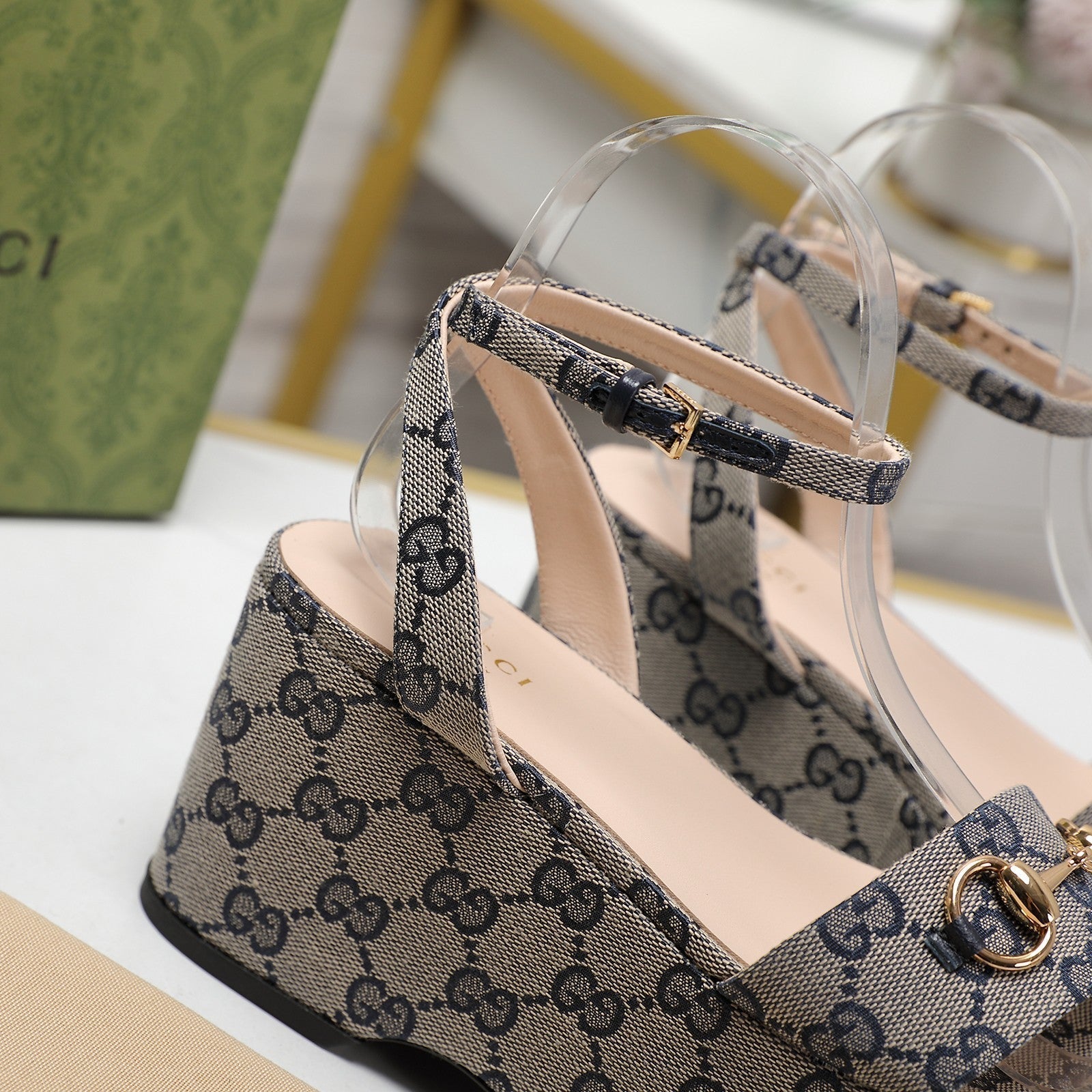 GUCCI Horsebit Wedges Sandals Grey