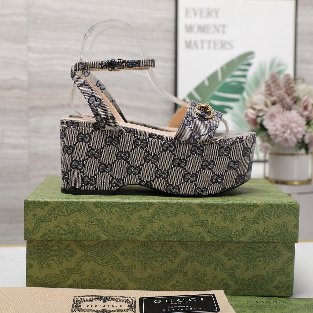 GUCCI Horsebit Wedges Sandals Grey