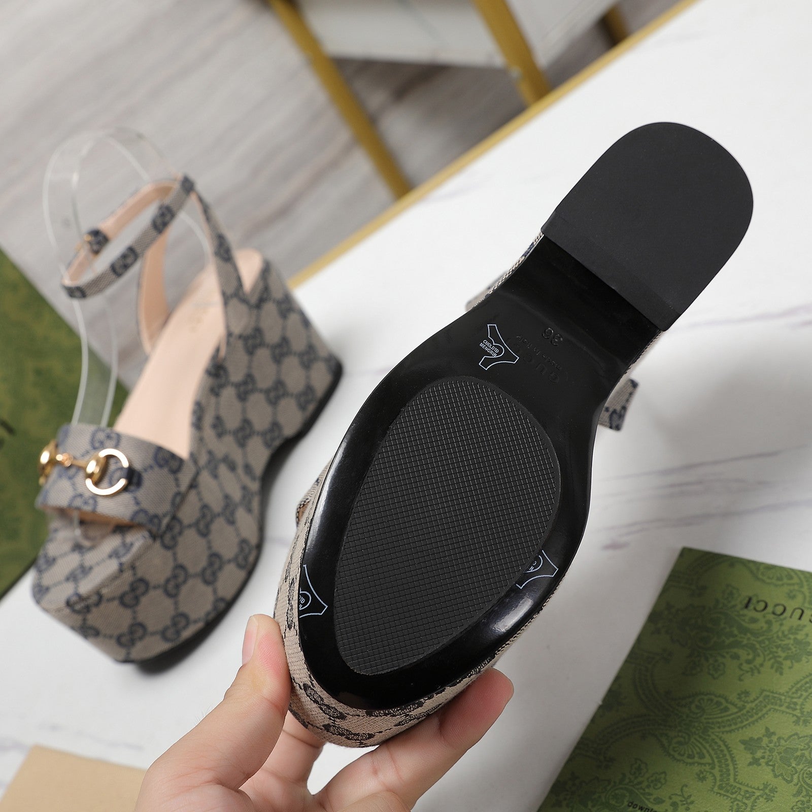 GUCCI Horsebit Wedges Sandals Light Grey