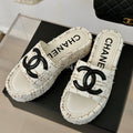 CHANEL CLASSIC SLIPPERS THICK SOLE IN WHITE MIX BROWN TWEED