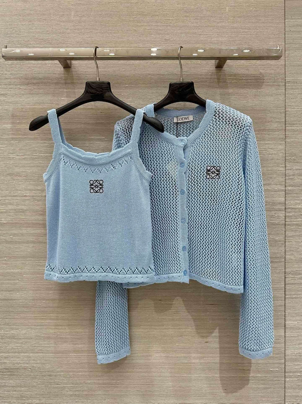 Loewe 25 Mesh Hollow Knitted Cardigan Blue Wool