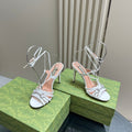 GUCCI CRYSTAL HORSEBIT STRAPPY SANDAL 10.5CM IN WHITE PATENT LEATHER
