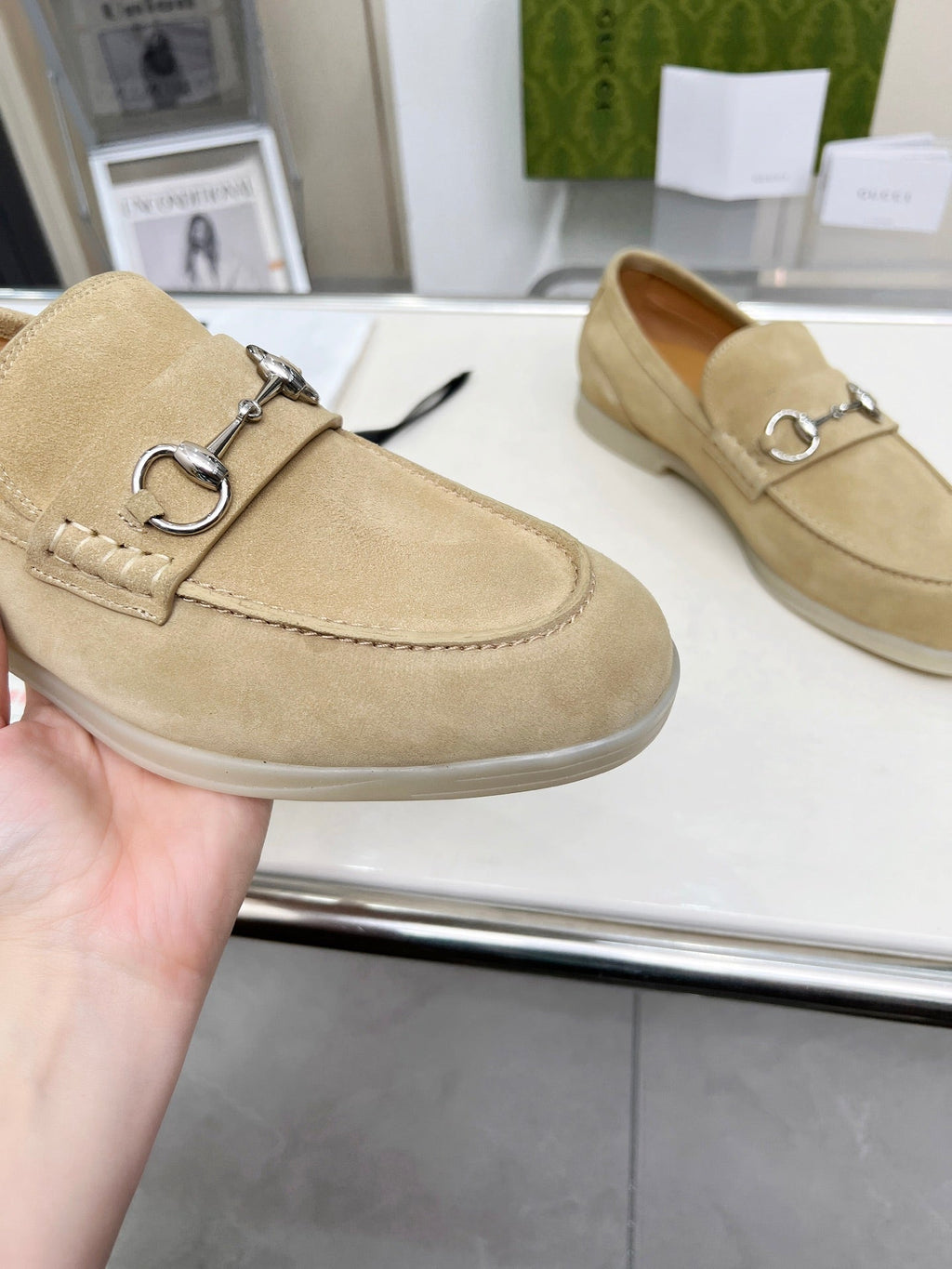 GUCCI LOAFERS WITH SILVER HARDWARE IN BEIGE SUEDE