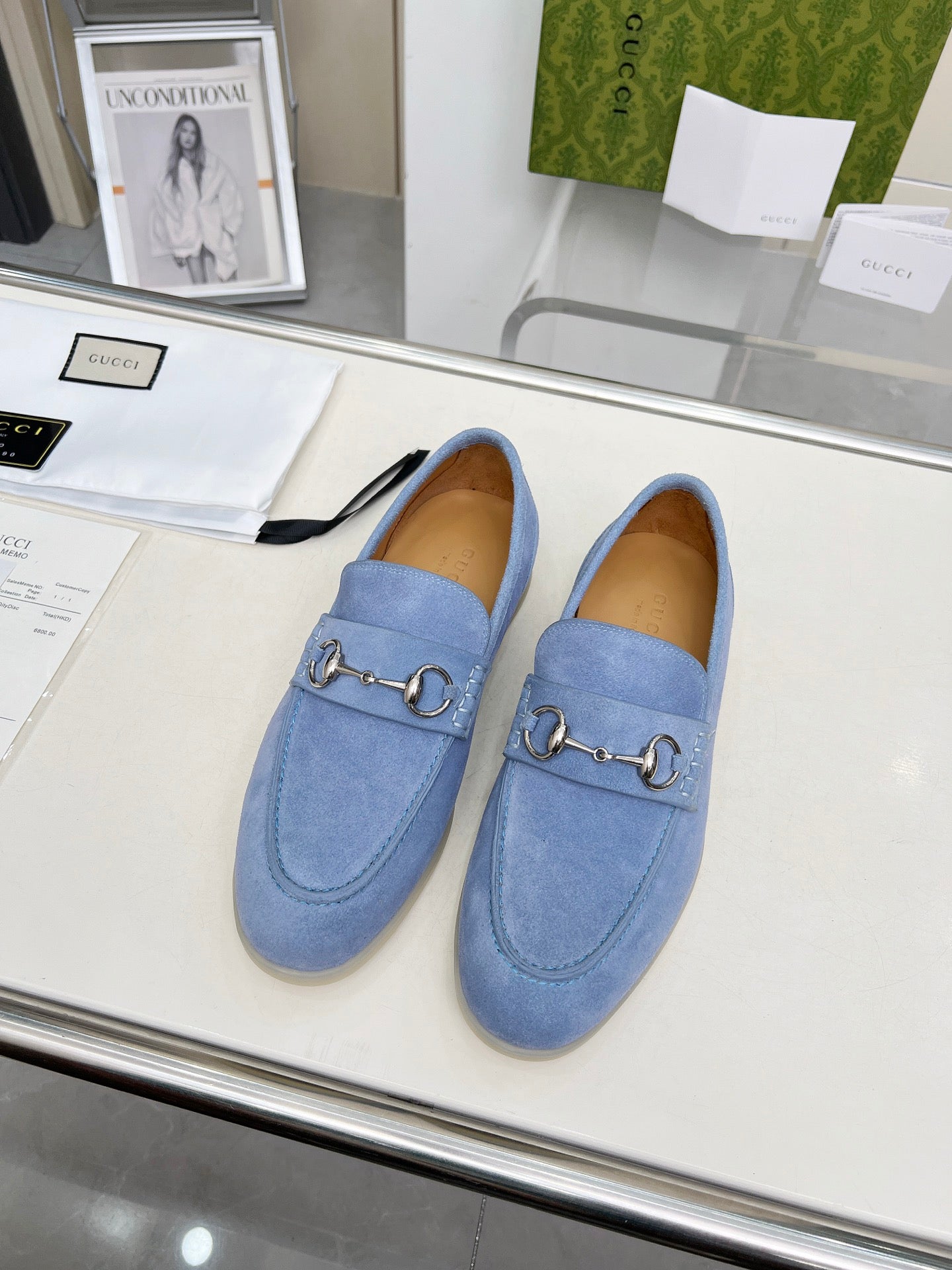 GUCCI LOAFERS WITH SILVER HARDWARE IN CORNFLOWER BLUE SUEDE