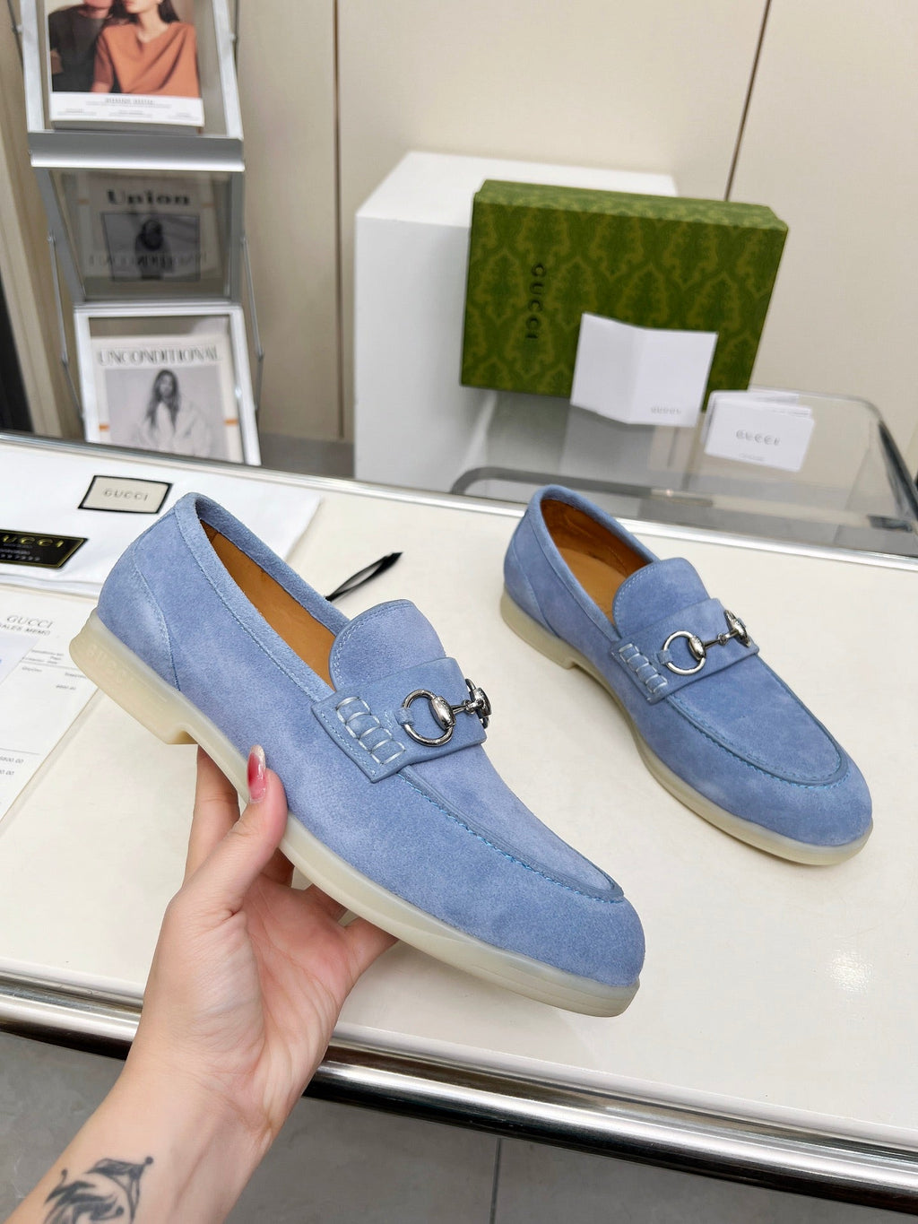 GUCCI LOAFERS WITH SILVER HARDWARE IN CORNFLOWER BLUE SUEDE
