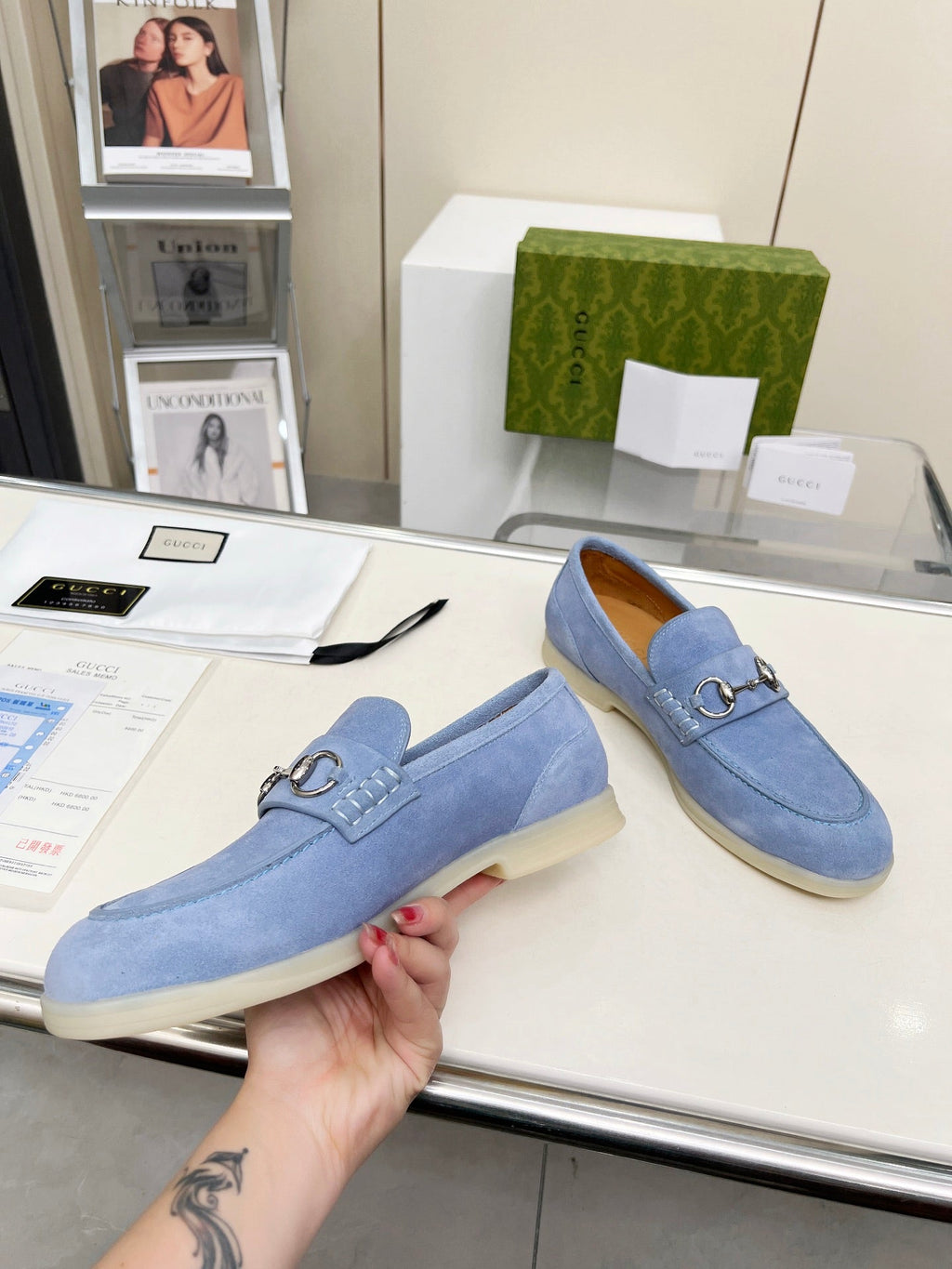 GUCCI LOAFERS WITH SILVER HARDWARE IN CORNFLOWER BLUE SUEDE