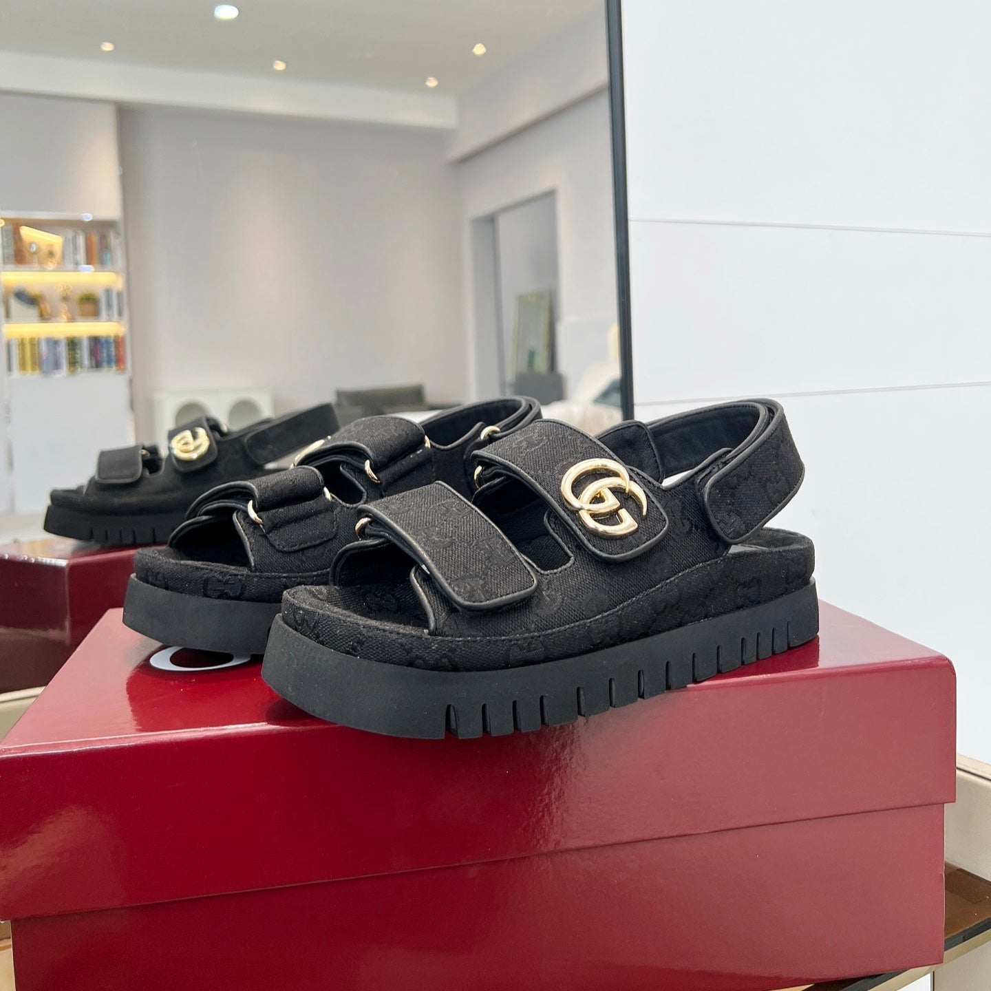 GUCCI VELCRO STRAP SANDALS IN BLACK MONOGRAM CANVAS GOLD HARDWARE