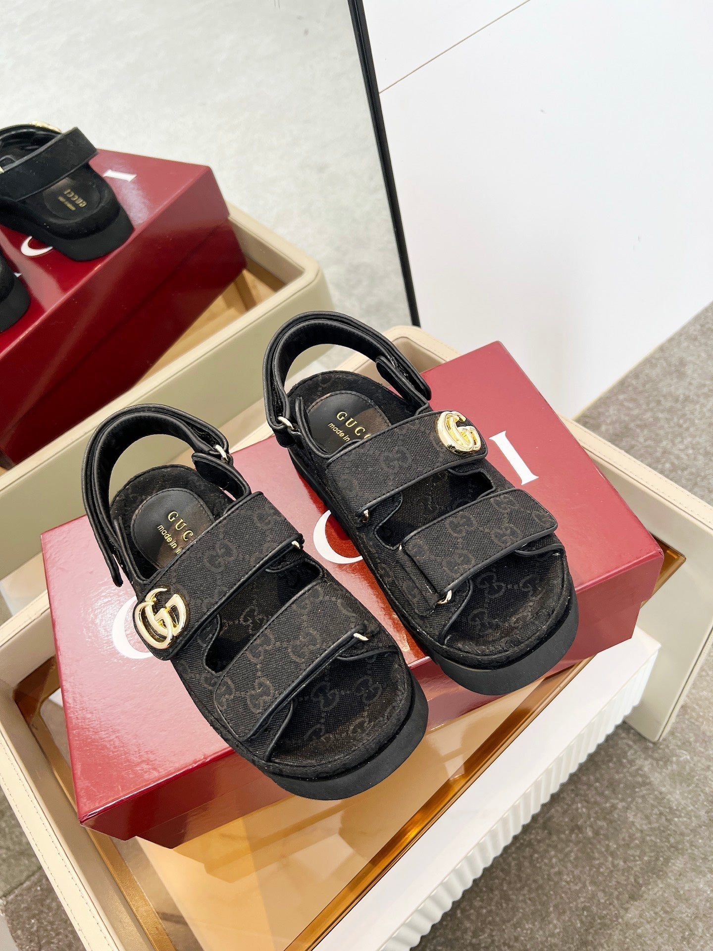 GUCCI VELCRO STRAP SANDALS IN BLACK MONOGRAM CANVAS GOLD HARDWARE