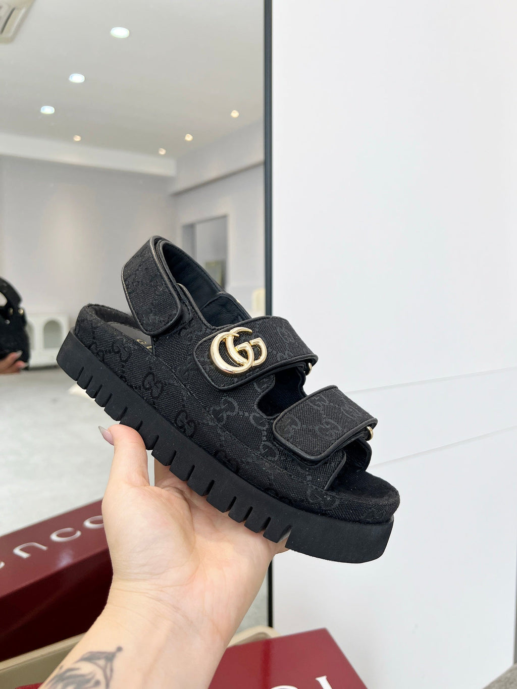 GUCCI VELCRO STRAP SANDALS IN BLACK MONOGRAM CANVAS GOLD HARDWARE