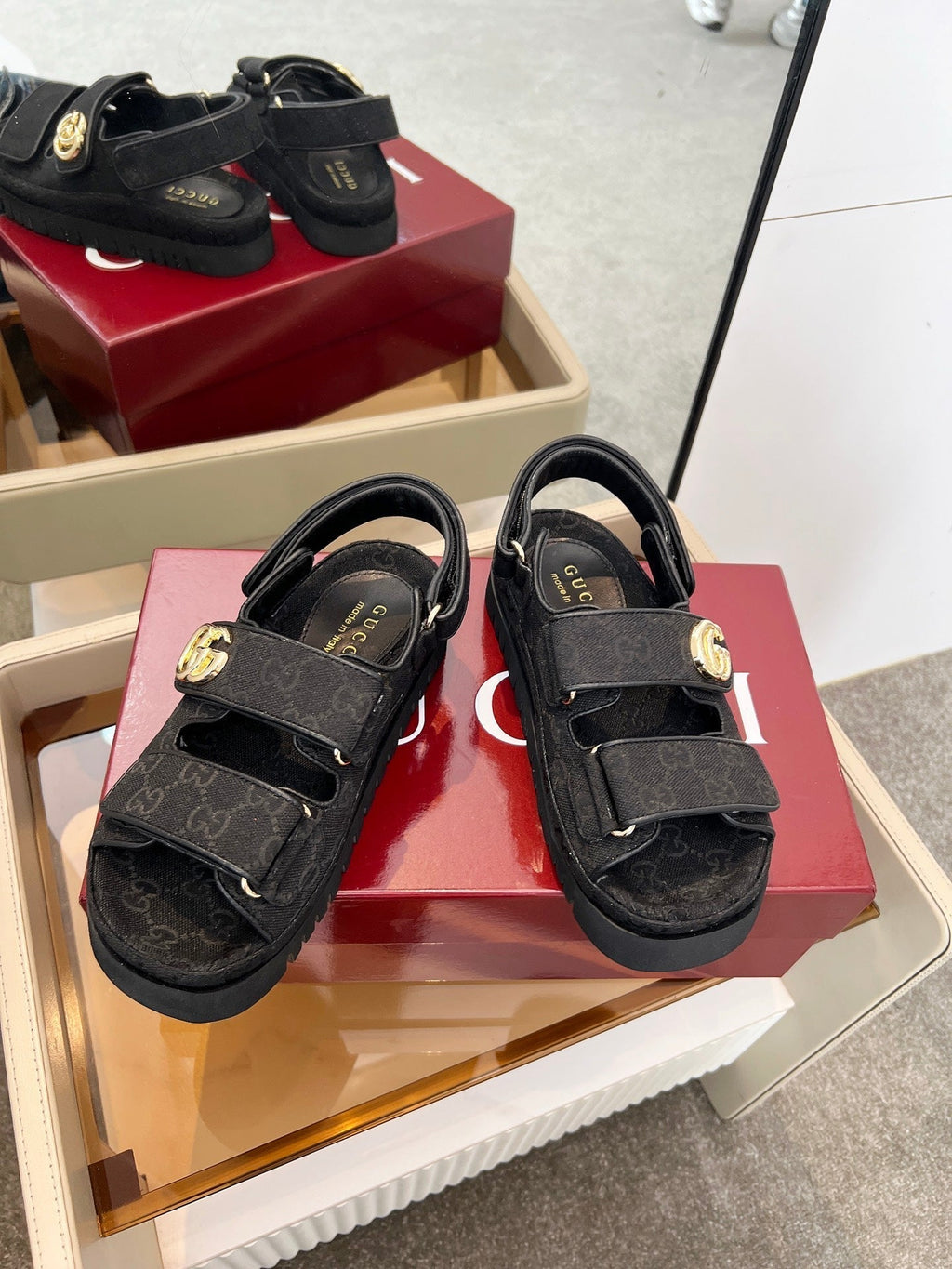 GUCCI VELCRO STRAP SANDALS IN BLACK MONOGRAM CANVAS GOLD HARDWARE