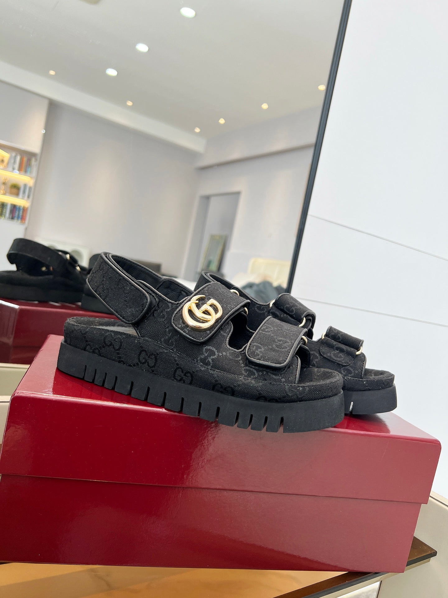 GUCCI VELCRO STRAP SANDALS IN BLACK MONOGRAM CANVAS GOLD HARDWARE