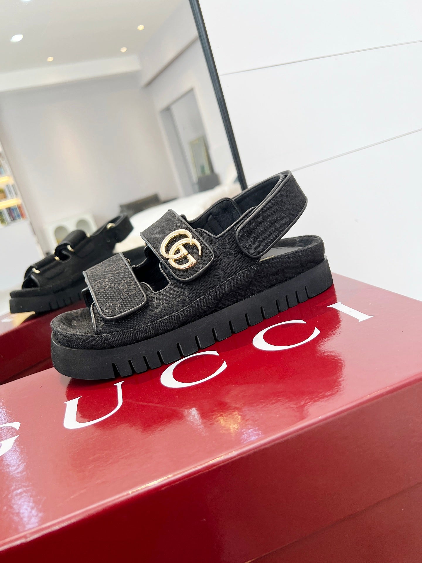 GUCCI VELCRO STRAP SANDALS IN BLACK MONOGRAM CANVAS GOLD HARDWARE