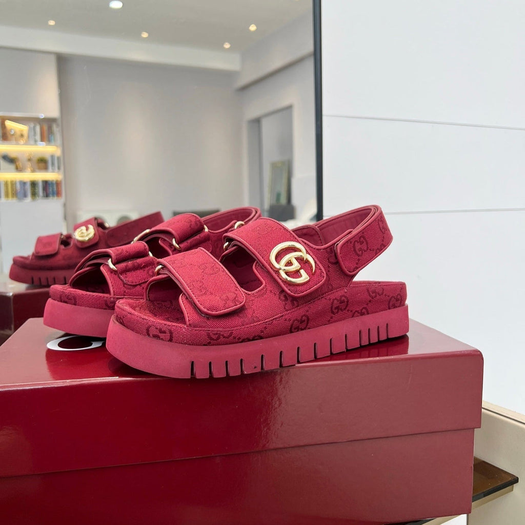 GUCCI VELCRO STRAP SANDALS IN BRICK RED MONOGRAM CANVAS GOLD HARDWARE