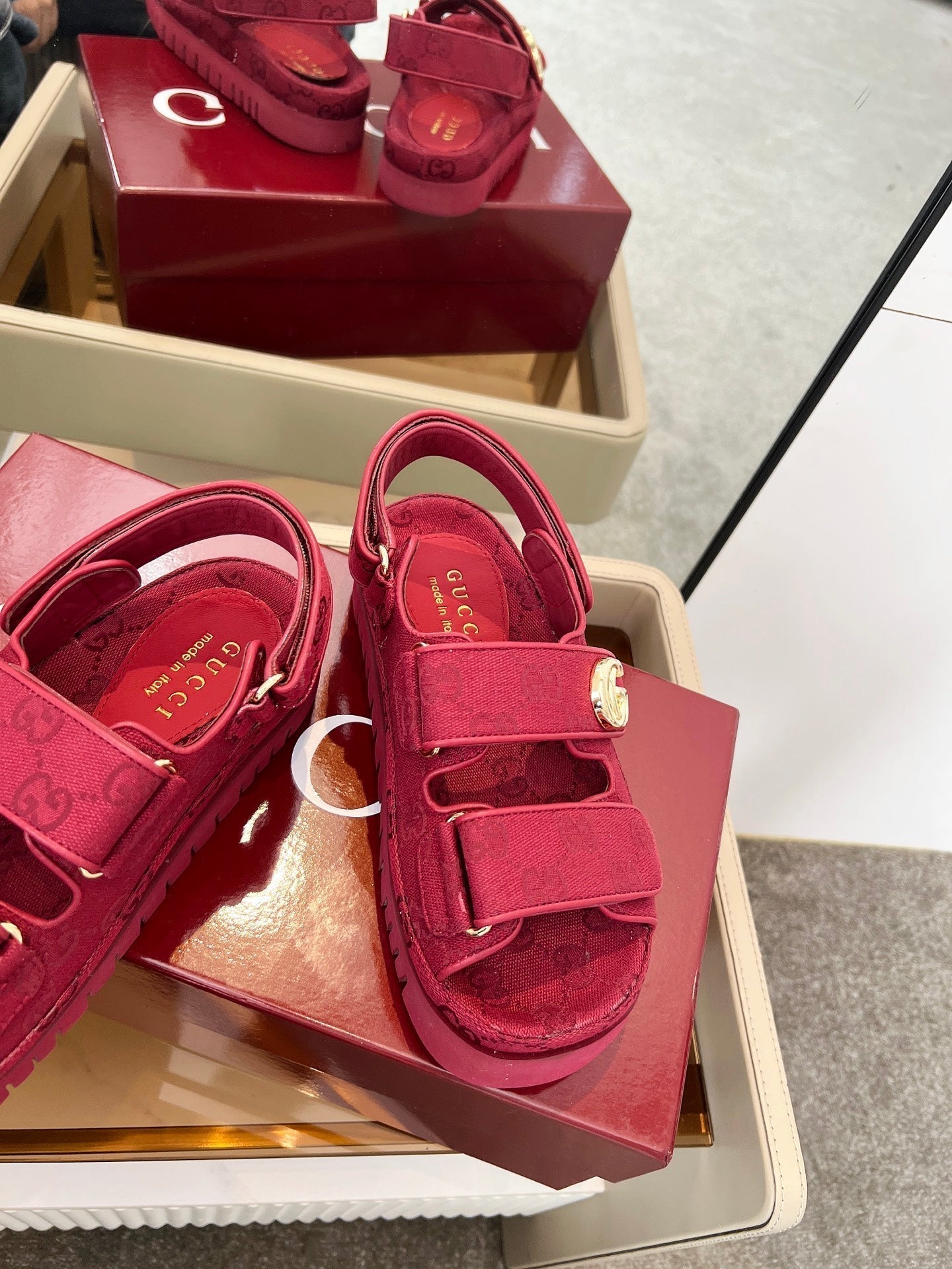 GUCCI VELCRO STRAP SANDALS IN BRICK RED MONOGRAM CANVAS GOLD HARDWARE