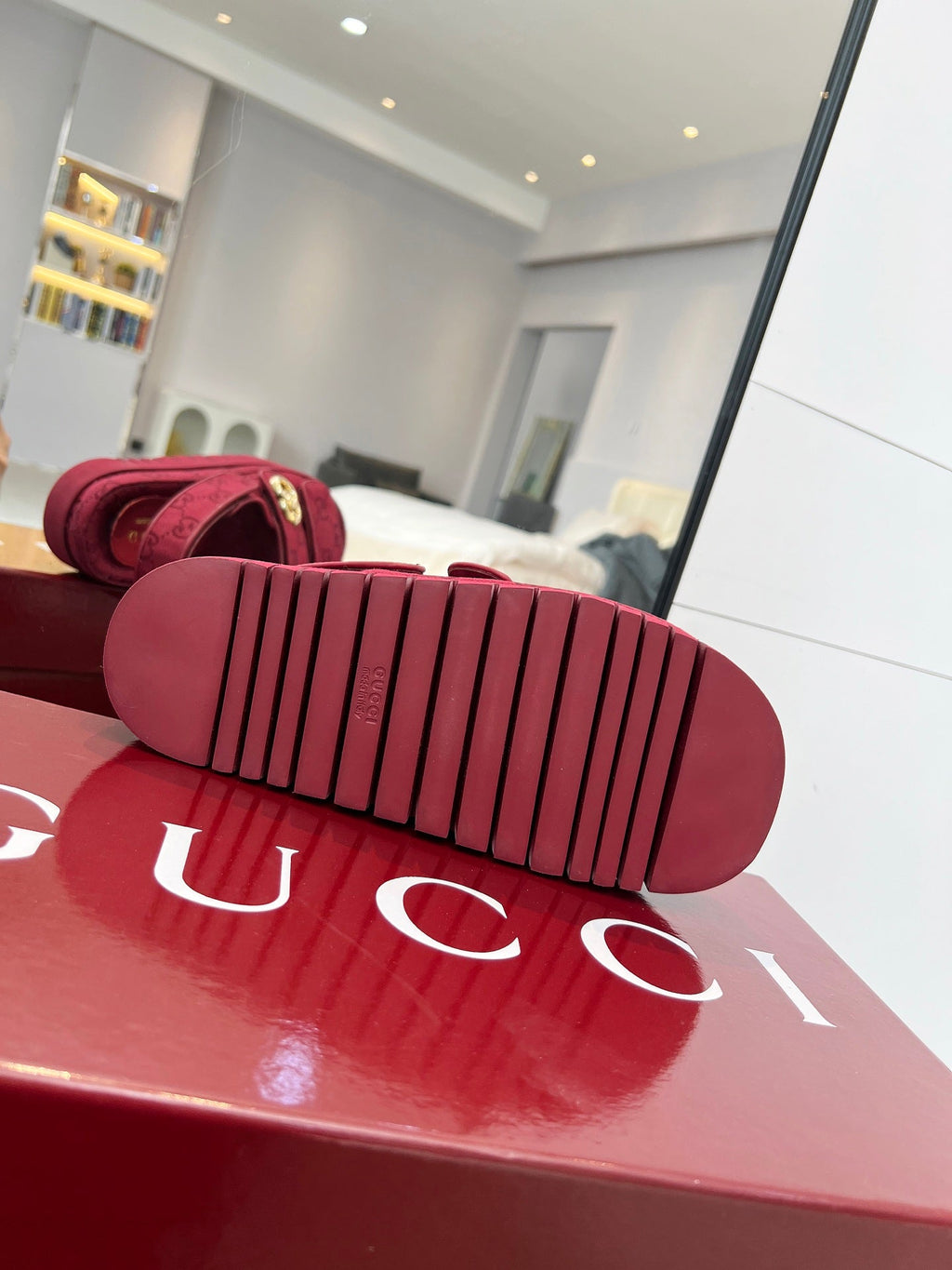 GUCCI VELCRO STRAP SANDALS IN BRICK RED MONOGRAM CANVAS GOLD HARDWARE