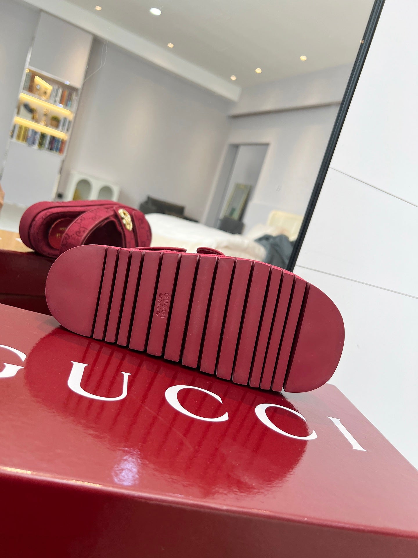 GUCCI VELCRO STRAP SANDALS IN BRICK RED MONOGRAM CANVAS GOLD HARDWARE