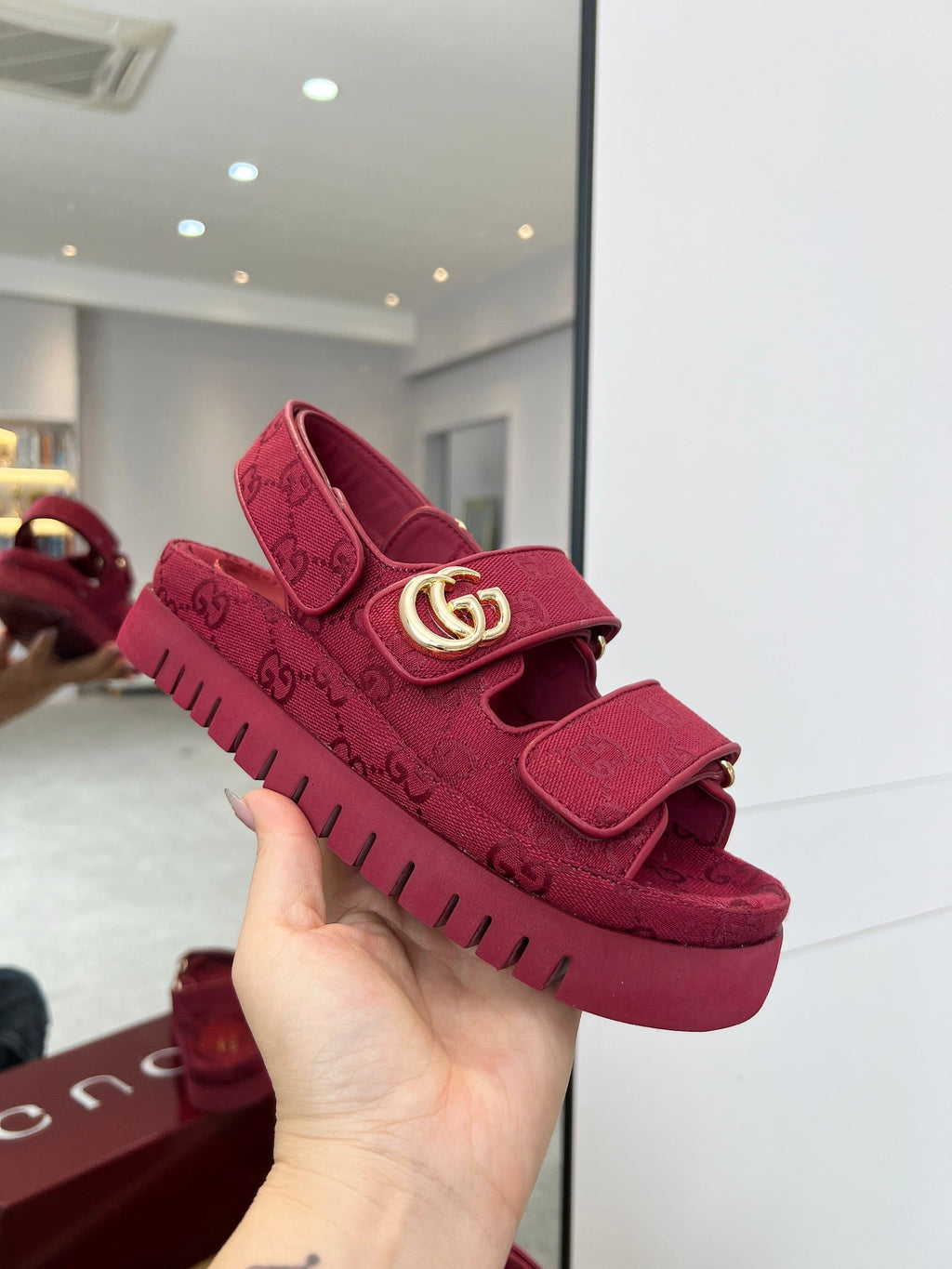 GUCCI VELCRO STRAP SANDALS IN BRICK RED MONOGRAM CANVAS GOLD HARDWARE