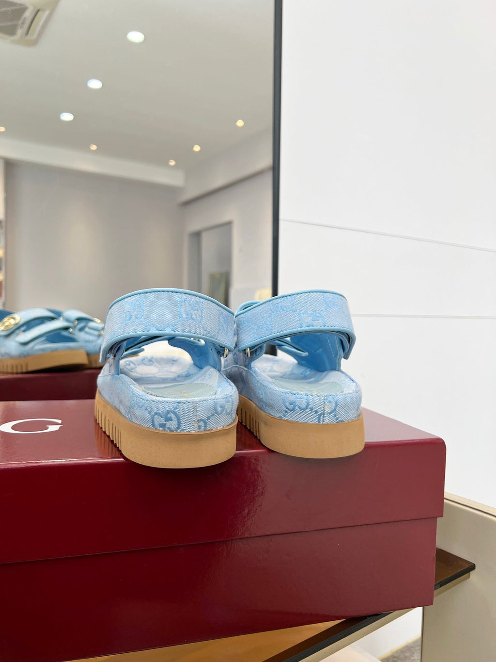 GUCCI VELCRO STRAP SANDALS IN SKY BLUE MONOGRAM CANVAS GOLD HARDWARE