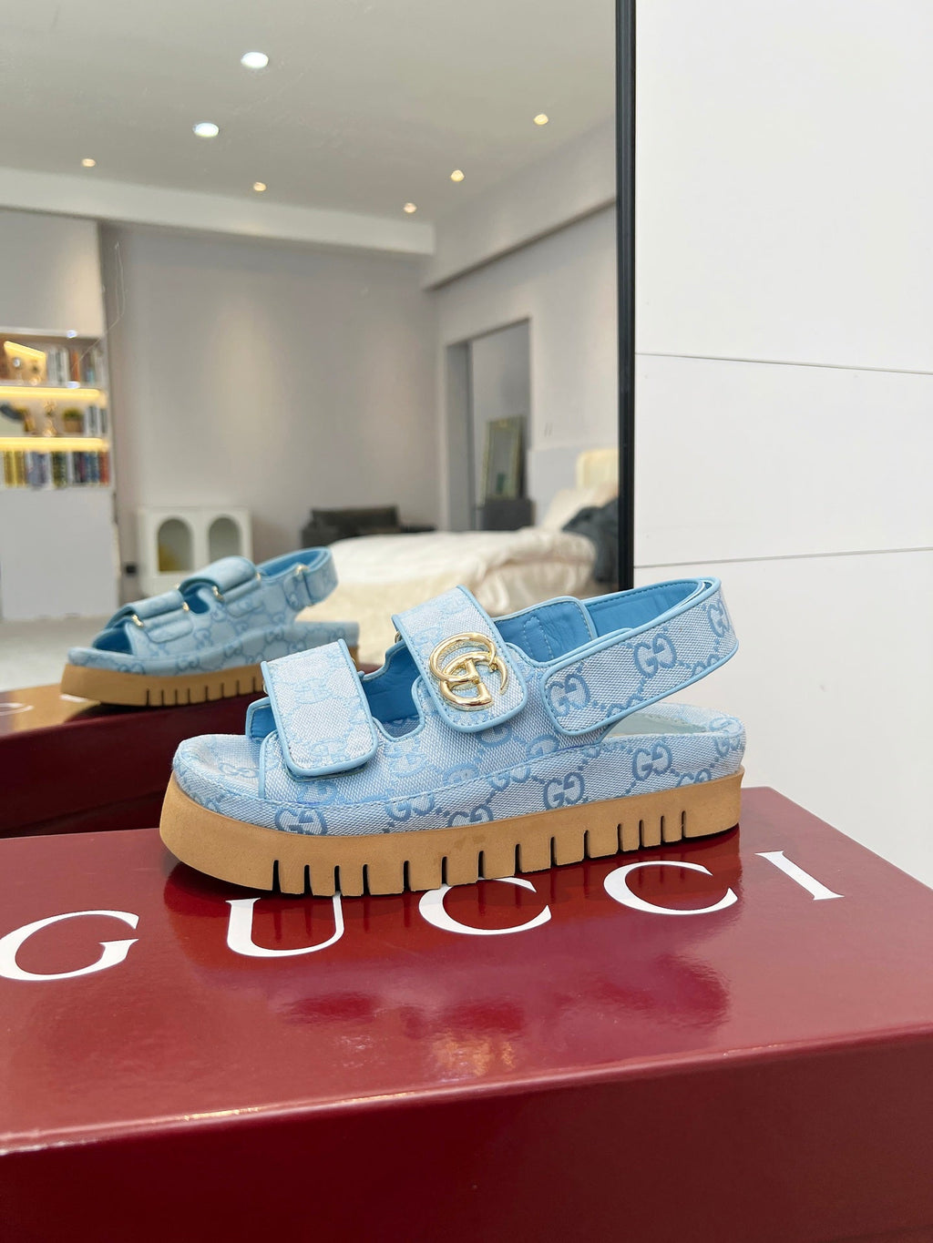 GUCCI VELCRO STRAP SANDALS IN SKY BLUE MONOGRAM CANVAS GOLD HARDWARE
