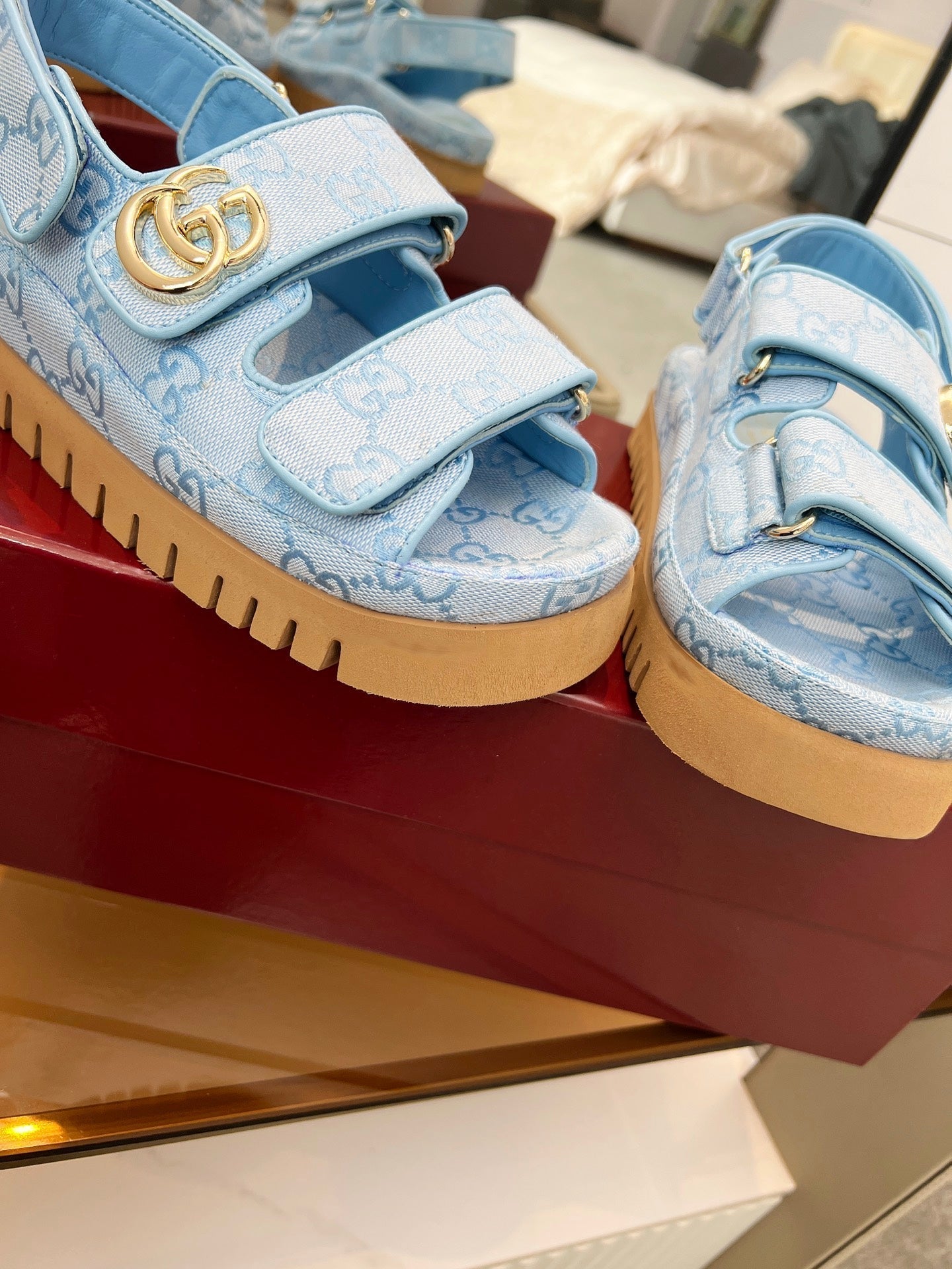 GUCCI VELCRO STRAP SANDALS IN SKY BLUE MONOGRAM CANVAS GOLD HARDWARE