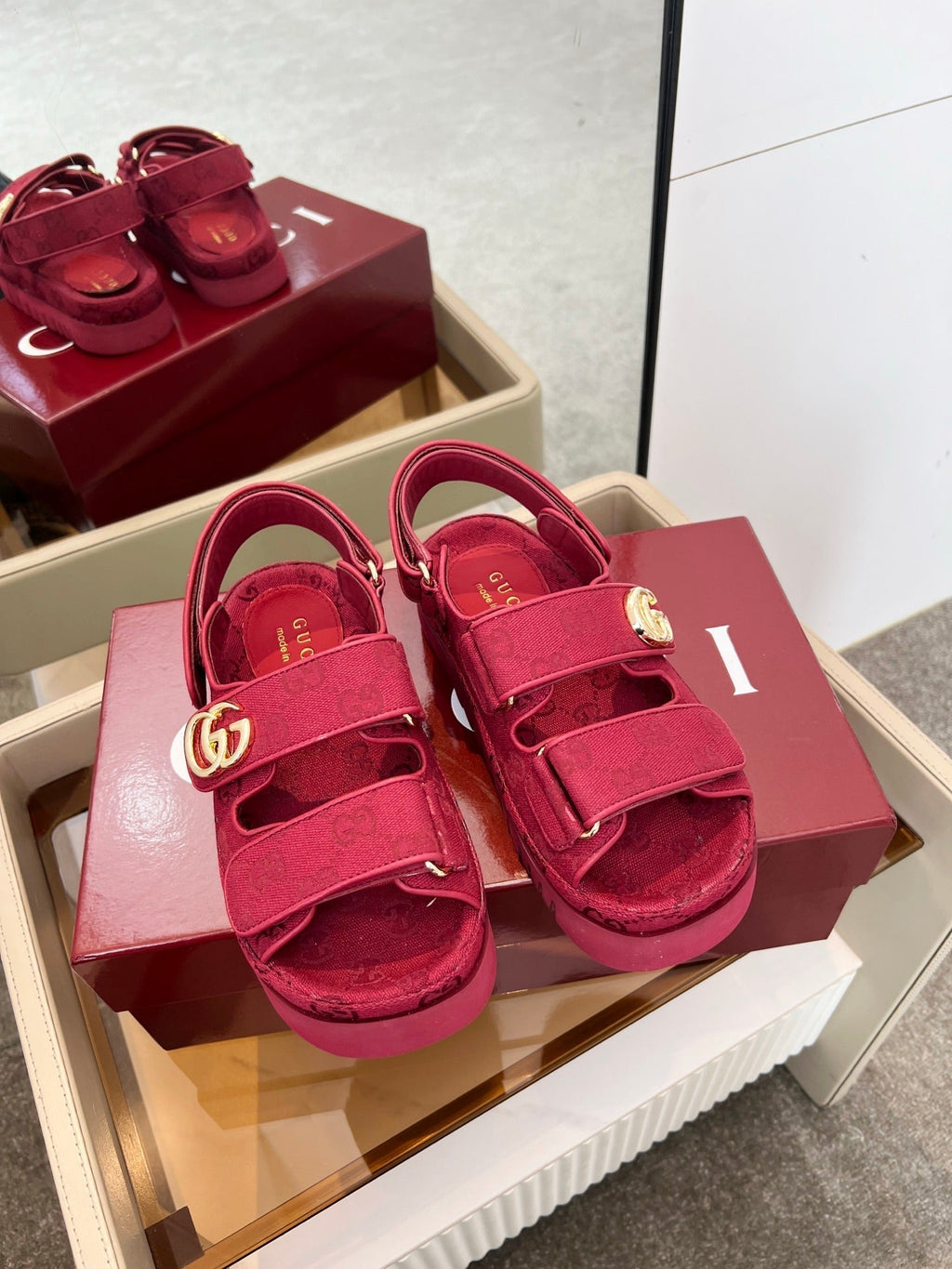 GUCCI VELCRO STRAP SANDALS IN BRICK RED MONOGRAM CANVAS GOLD HARDWARE