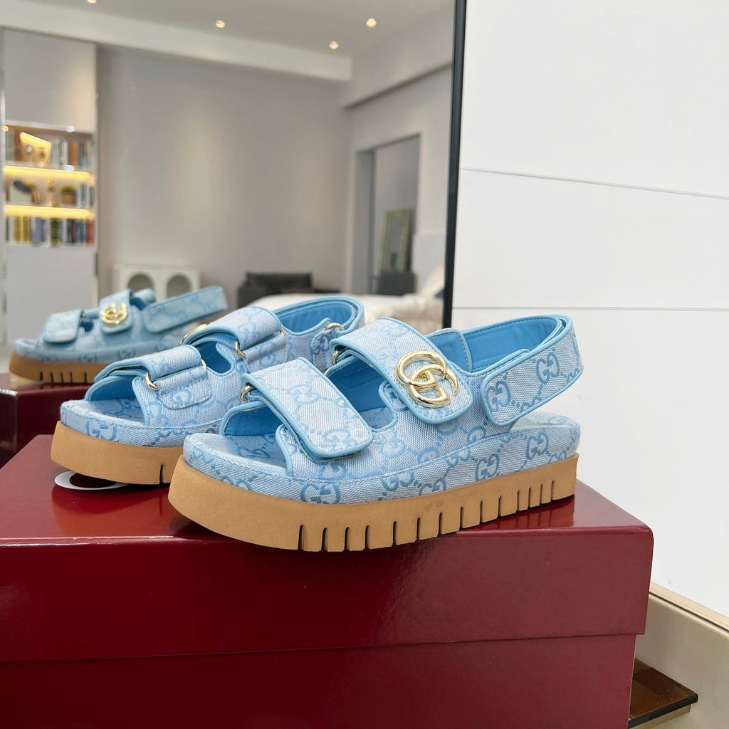 GUCCI VELCRO STRAP SANDALS IN SKY BLUE MONOGRAM CANVAS GOLD HARDWARE