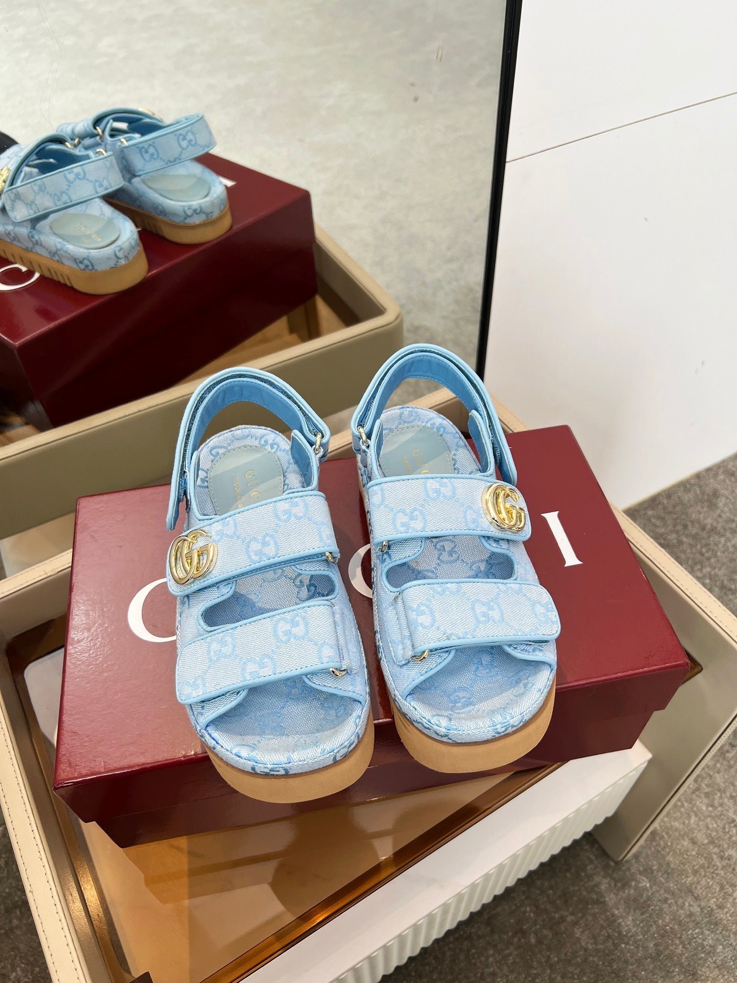 GUCCI VELCRO STRAP SANDALS IN SKY BLUE MONOGRAM CANVAS GOLD HARDWARE