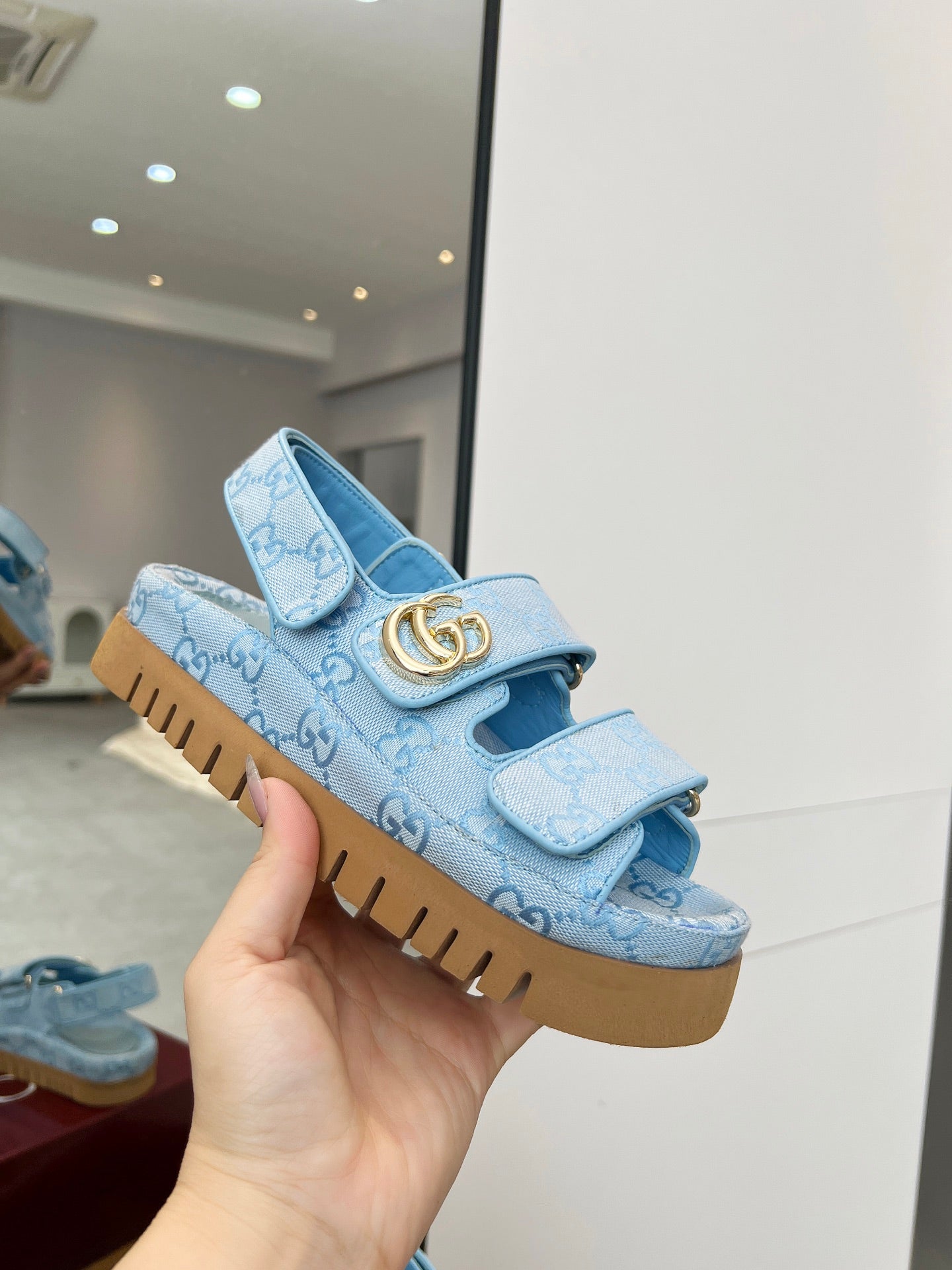 GUCCI VELCRO STRAP SANDALS IN SKY BLUE MONOGRAM CANVAS GOLD HARDWARE