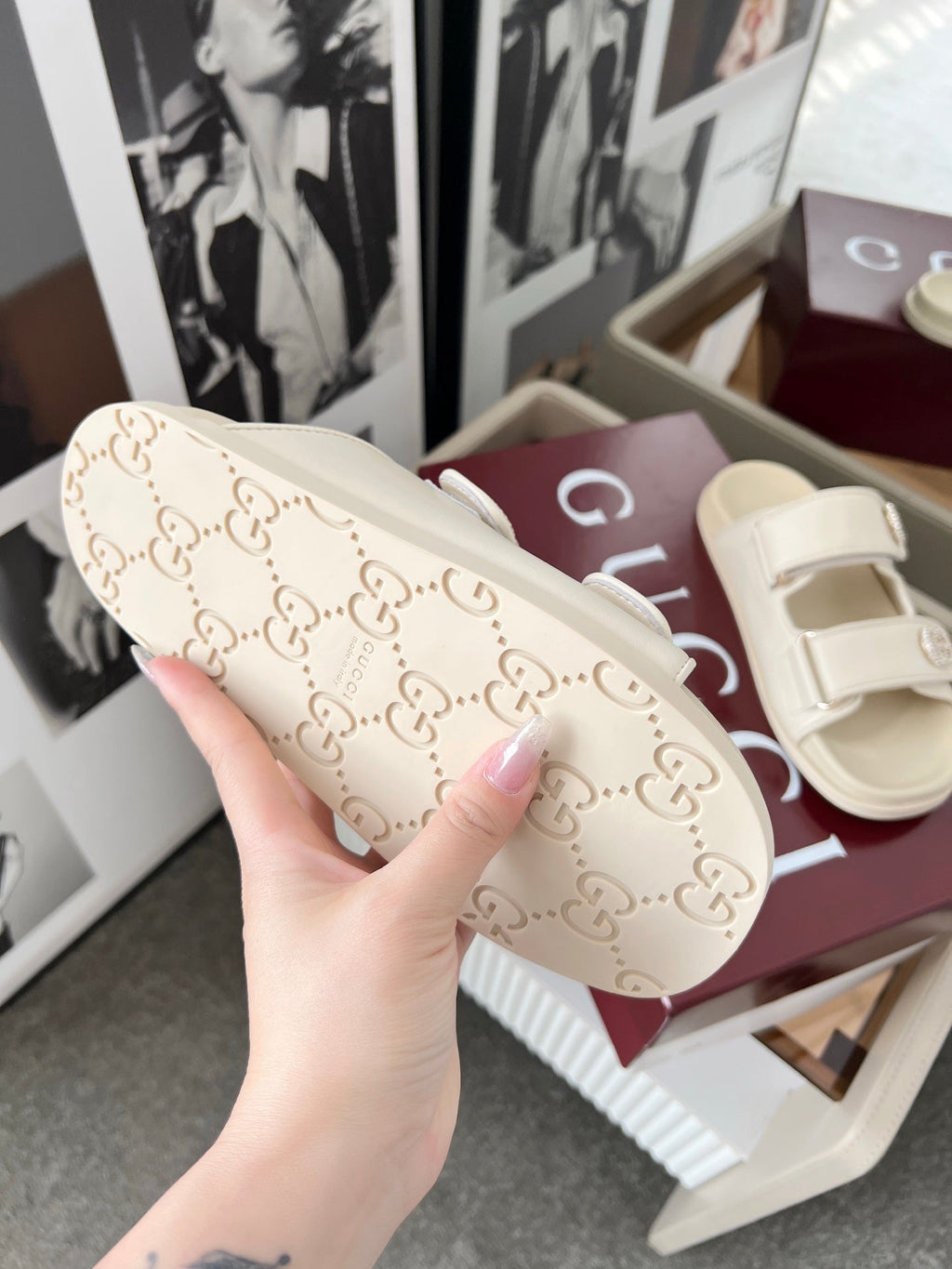 GUCCI DOUBLE G CRYSTAL FLAT SANDALS IN IVORY SOFT LAMBSKIN
