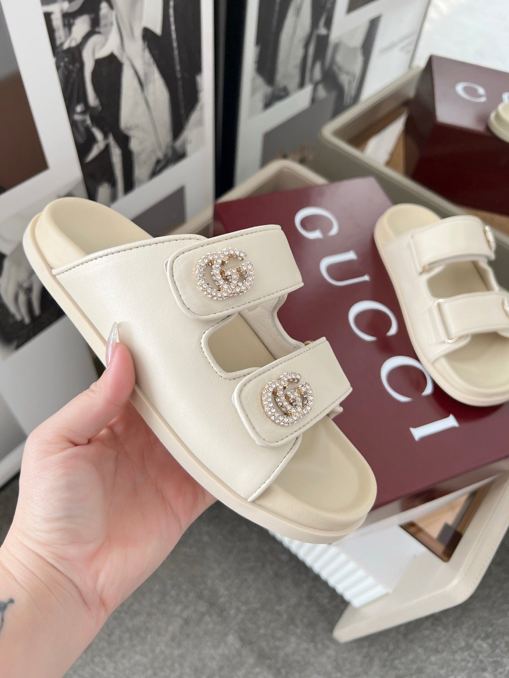 GUCCI DOUBLE G CRYSTAL FLAT SANDALS IN IVORY SOFT LAMBSKIN