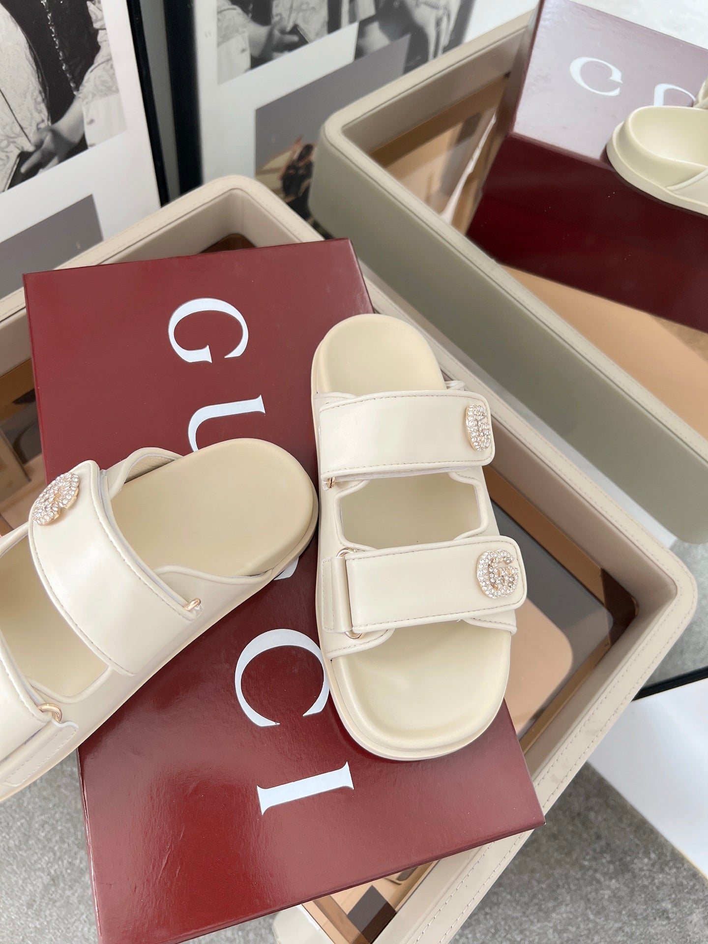 GUCCI DOUBLE G CRYSTAL FLAT SANDALS IN IVORY SOFT LAMBSKIN