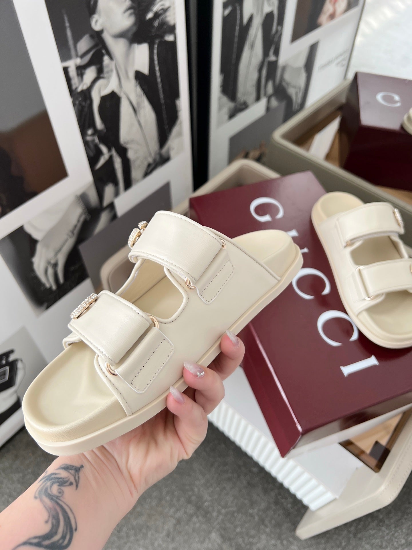 GUCCI DOUBLE G CRYSTAL FLAT SANDALS IN IVORY SOFT LAMBSKIN