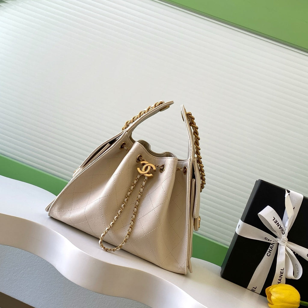 CHANEL 25S HOBO BAG 30 IN LIGHT BEIGE CAVIAR LEATHER WITH GOLD HARDWARE