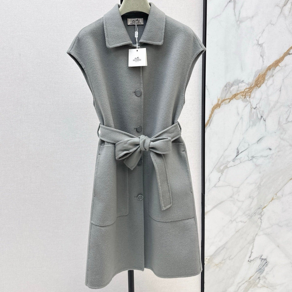 HERMES HERMES 25S SLEEVELESS WOOL VEST COAT WITH BOW BELT 96700