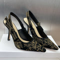 DIOR J'A HIGH SLINGBACK PUMP BLACK AND GOLD-TONE MILLEFIORI JACQUARD 95 MM